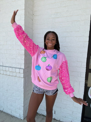 Pink Pumpkin Sequin Top- Curvy,HOT PINK,LIGHT PINK,pink,PLUS,pumpkin,pumpkins,Seasonal,SEQUIN,Tops-Ace of Grace Women's Boutique