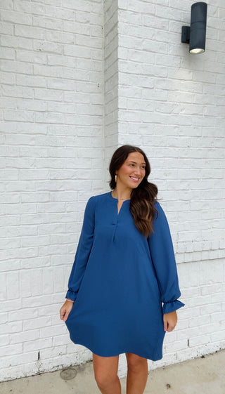 Long Sleeve Dress with Collared Neck- blue dress, church dress, clothing, COLLARED DRESS, Curvy, dress, dresses & rompers, Dressy, FALL, fall clothes, flowy dress, GREEN DRESS, GREEN PLUS SIZE DRESS, NAVY, Navy blue, olive, plus size dress, WOMENS DRESS, WOVEN-Blue-S-Ace of Grace Women's Boutique