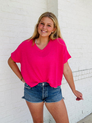 Hot Pink Bubble Waffle Top- HOT PINK,Tops,waffle,WAFFLE KNIT,WAFFLE KNIT TOP-Ace of Grace Women's Boutique