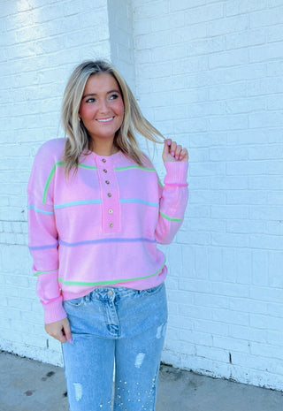 Pink Striped Sweater- BIRTHDAY SWEATER, clothing, Curvy, fuzzy sweater, oversized sweater, pastels, pink sweater, plus size sweater, Stripe, STRIPED, SWEATER, sweater top, sweaters, Tops-Ace of Grace Women's Boutique