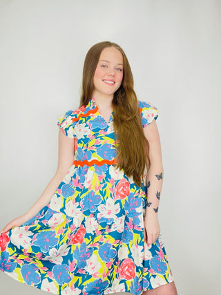 Blue Floral Dress with Ric Rac Trim- church dress,clothing,Curvy,dresses & rompers,Easter,Easter dress,floral,floral dress,floral pattern,floral print,florals,PLUS,Ric rac,SPRING,Spring dress-Ace of Grace Women's Boutique