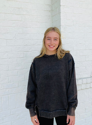 Acid Wash Raw Hem Sweatshirt - Black- Acid,black sweatshirt,clothing,comfy sweatshirt,Exposed,oversized sweatshirt,RAW HEM,sweatshirt,SWEATSHIRTS,Tops-Ace of Grace Women's Boutique