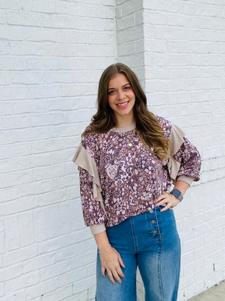 Floral Print Color Block Ruffle Top- Curvy,FALL,high tops,PLUS,plus size,Tops-Ace of Grace Women's Boutique