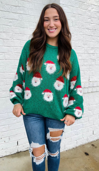 Santa Face Sweater- CHRISTMAS, CHRISTMAS CHEER, CHRISTMAS GRAPHIC TEE, CHRISTMAS SHIRT, christmas sweatshirt, christmas top, Christmas tshirt, clothing, Curvy, fall clothes, fuzzy sweater, green sweater, holiday, HOLIDAYS, knit sweater, MERRY CHRISTMAS, pink sweater, plus size sweater, Santa, SANTA BABY, Santa shirt, SANTA’S FAVORITE, Seasonal, sparkle season, SWEATER, sweater top, sweaters, Tops-Ace of Grace Women's Boutique