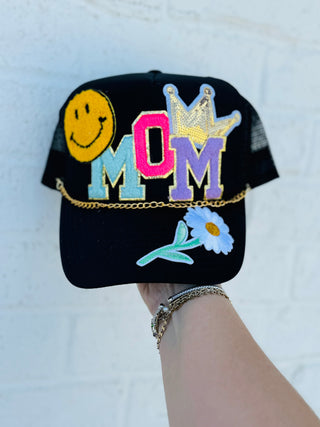 Black Mom & Crown Trucker Hat- Accessories, accessory, hair accessory, MadelynnGrace, MOM, patches, trucker hat, trucker hats-Ace of Grace Women's Boutique