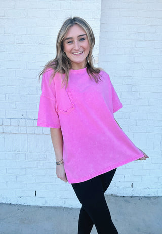 Hot Pink Classic Mineral Washed Tee- clothing, Curvy, LIGHT PINK, pink, pink top, Tops-Ace of Grace Women's Boutique