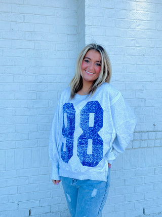 98 Varsity Pullover- blue pullover, clothing, comfy sweatshirt, grey sweatshirt, pullover, sweatshirt, SWEATSHIRTS, Tops-Ace of Grace Women's Boutique