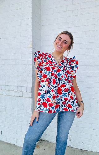 Red Floral Ruffle Sleeve Tank- blue tank, BLUE TANK TOP, clothing, RUFFLE, ruffle sleeves, RUFFLE TOP, ruffled, tank, Tops, V-NECK TANK TOP, Work tank-Ace of Grace Women's Boutique