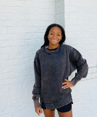 Acid Wash Raw Hem Sweatshirt - Black- Acid,black sweatshirt,clothing,comfy sweatshirt,Exposed,oversized sweatshirt,RAW HEM,sweatshirt,SWEATSHIRTS,Tops-Ace of Grace Women's Boutique