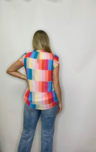 Multi Colored Square Ruffle Sleeve Top- COLOR,color block,COLORFUL TOP,SPRING,Tops,work,WORK SHIRT,Work tank,WORK TOP-Ace of Grace Women's Boutique