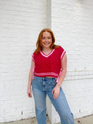 Red & Pink Bow Sweater Vest- BOW, Bow detail, BOWS, clothing, heart sweater, pink sweater, RED SWEATER, ribbon, Ribbons, Seasonal, SWEATER, sweater top, SWEATER VEST, sweaters, Tops, VALENTINE, Valentine Collection, valentine pullover, VALENTINES, valentines sweatshirt, VALENTINES TOP-Ace of Grace Women's Boutique