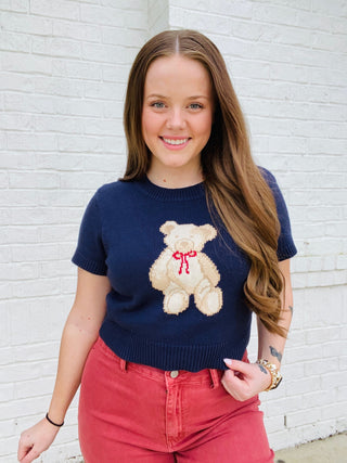 Teddy Bear Sweater Top- Bear, brown sweater, clothing, cream sweater, crop sweater, cropped sweater, fuzzy sweater, knit sweater, preppy, SHORT SLEEVE SWEATER, SWEATER, sweater top, sweaters, Teddy, Tops-Ace of Grace Women's Boutique