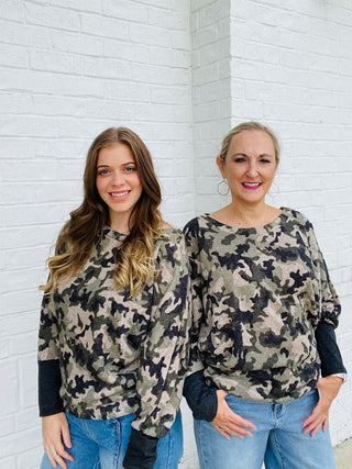 Camouflage Top with Contrast Cuffs & Thumb Opening- camo,camo shirt,camo top,Camouflage,Curvy,fuzzy sweater,PLUS,plus size,plus size graphic tee,plus size sweatshirt,PLUS SIZE TEE,PLUS SIZE TOP,plus sizes,plus sweatshirt,SWEATER,sweater top,Tops-Ace of Grace Women's Boutique