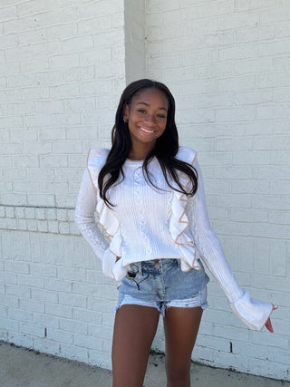 Cable Knit Ruffle Sweater- bow sweater,clothing,cream sweater,fuzzy sweater,knit sweater,LIGHT PINK,pink,pink sweater,pink top,RUFFLE SWEATER,RUFFLE TOP,ruffled,RUFFLED SWEATER,RUFFLES,Seasonal,SWEATER,sweater top,sweaters,Tops,white sweater-Ace of Grace Women's Boutique
