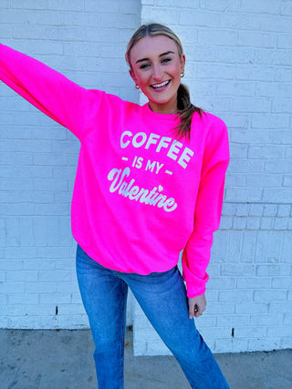 Coffee Is My Valentine Sweatshirt- clothing, Curvy, HOT PINK, Loungewear, pink, plus size valentine, Sale, Seasonal, Tops, VALENTINE, valentine plus size, valentine pullover, VALENTINES, valentines sweatshirt, VALENTINES TOP-Ace of Grace Women's Boutique