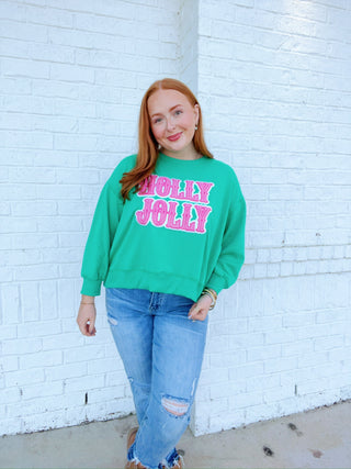 Holly Jolly Sweatshirt (cropped)- CHRISTMAS, CHRISTMAS CHEER, CHRISTMAS GRAPHIC TEE, Christmas Longsleeve, CHRISTMAS SHIRT, christmas sweatshirt, Christmas tee, christmas top, Christmas tshirt, clothing, Curvy, Holly Jolly, HOLLY JOLLY CHRISTMAS, holly jolly pullover, jolly, MERRY CHRISTMAS, Seasonal, Tops-Ace of Grace Women's Boutique