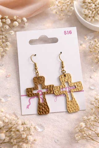 MADELYNN GRACE Golden Grace Cross Earrings- Cross,Cross earrings,Cross gold,earring,EARRINGS,GOLD,gold earrings,Jewelry,Madelynn,MadelynnGrace-Ace of Grace Women's Boutique