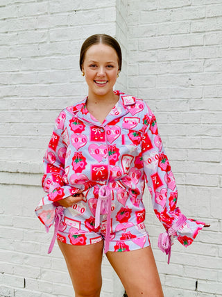 XOXO Bow Pajama Set- lounge,LOUNGE SET,Loungewear,pajama pants,pajama set,pajama shorts,pajama top,pajamas,Seasonal,VALENTINE,Valentine Collection,valentine pjs,valentine shorts,VALENTINES,VALENTINES GIFT-Ace of Grace Women's Boutique