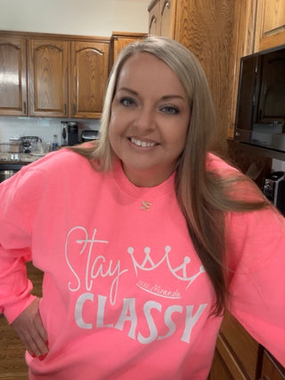 Stay Classy Sweatshirt • Miranda- black sweatshirt, Classy, comfy sweatshirt, Corn dip, Curvy, graphic, graphic T-shirt, GRAPHIC TEE, Graphic Tees, graphic tshirt, green sweatshirt, grey sweatshirt, Merch, Miranda, oversized sweatshirt, pink sweatshirt, plus size sweatshirt, plus sweatshirt, Stay classy, sweatshirt, SWEATSHIRTS, Tops-Pink-S-Ace of Grace Women's Boutique