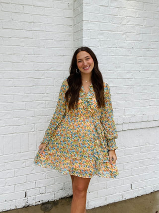 Chiffon Floral Ruffle dress- BEIGE DRESS, church dress, dress, dresses & rompers, Dressy, Easter dress, FALL, fall clothes, fall transition, floral dress, flowy dress-Ace of Grace Women's Boutique