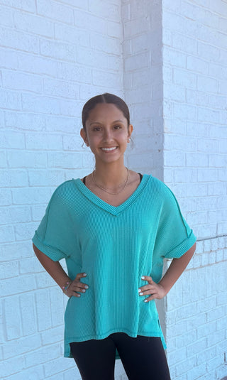 Corded Ribbed V-neck Top- Corded,Curvy,Fabric Corded,Tops-Ace of Grace Women's Boutique