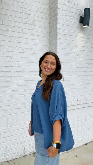 Blue V-neck Puff Sleeve Top- blue, blue top, clothing, Curvy, FALL, fall clothes, fall transition, loose fit, Perfect for work, PUFF, PUFF SLEEVE, puff sleeves, Tops, work, WORK SHIRT, WORK TOP-Ace of Grace Women's Boutique