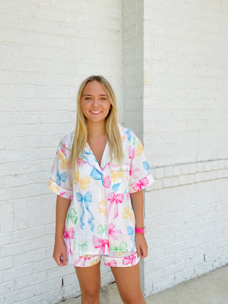 Multi Bow Pajama Set- BOW, Bow detail, bow top, BOWS, clothing, lounge, LOUNGE SET, Loungewear, pajama set, pajama shorts, pajama top, pajamas, ribbon, Ribbons, sleep, SLEEP SET, SLEEP SHORT-Ace of Grace Women's Boutique