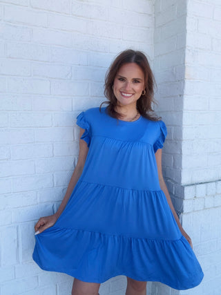 Ruffle Sleeve Tiered Dress- beach dress,church dress,colorful dress,dress,dresses & rompers,Easter dress,floral dress,flowy dress,mini dress,pink dress,plus dress,plus size dress,summer dress,tiered dress-Blue-S-Ace of Grace Women's Boutique