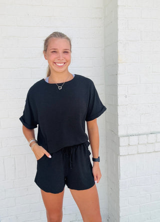 Black Woven Matching Set- BLACK,Bottoms,clothing,Curvy,MATCHING,MATCHING SET,PLUS,plus size,Sets,Tops-Ace of Grace Women's Boutique