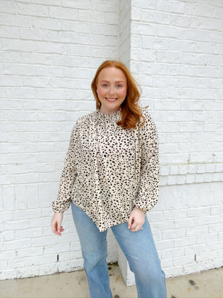 Dalmatian Top | 2 Colors- animal, ANIMAL PRINT, BLACK, clothing, CREAM, Curvy, Dalmation, DATE NIGHT, Perfect for work, Spotted, Tops, work, WORK SHIRT, WORK TOP-Ace of Grace Women's Boutique