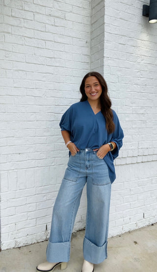 Blue V-neck Puff Sleeve Top- blue, blue top, clothing, Curvy, FALL, fall clothes, fall transition, loose fit, Perfect for work, PUFF, PUFF SLEEVE, puff sleeves, Tops, work, WORK SHIRT, WORK TOP-Ace of Grace Women's Boutique