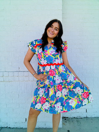 Blue Floral Dress with Ric Rac Trim- church dress,clothing,Curvy,dresses & rompers,Easter,Easter dress,floral,floral dress,floral pattern,floral print,florals,PLUS,Ric rac,SPRING,Spring dress-Ace of Grace Women's Boutique