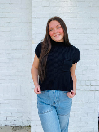 Short Sleeve Sweater Top | 2 colors- crop sweater, cropped sweater, FALL, fall clothes, fall transition, pocket shirt, pockets, SWEATER, sweater top, sweaters, Tops, Transition-Black-S-Ace of Grace Women's Boutique