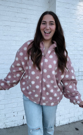 Pink Polka Dot Sherpa Jacket- Coat,CREAM JACKET,FUZZY JACKET,JACKET,outerwear,POLKA DOTS,puffer jacket,Sale,sherpa jacket,SOFT,Teddy,Tops-Ace of Grace Women's Boutique