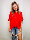 Red Oversized Satin Button Down Top- game, game day, Game day shirt, game days, gameday, mama top, MOM, WORK TOP-Ace of Grace Women's Boutique