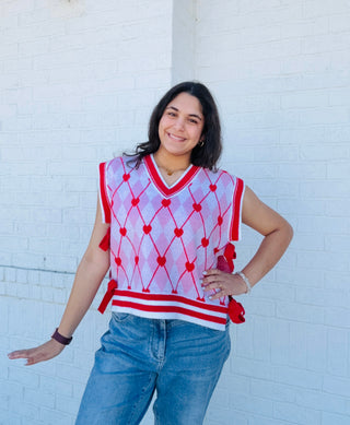 Heart Knit Sweater Vest with Bows- BOW,Bow detail,bow sweater,BOWS,clothing,HEART,heart sweater,HEARTS,knit sweater,knit vest,pink,pink sweater,RED,RED SWEATER,ribbon,Ribbons,Seasonal,sweater top,SWEATER VEST,SWEATER.,sweaters,Tops,VALENTINE,Valentine Collection,valentine pullover,VALENTINES,VALENTINES GRAPHIC TEE,valentines sweatshirt,VALENTINES TOP,VEST-Ace of Grace Women's Boutique