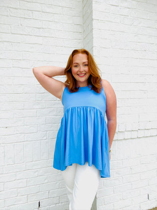 Babydoll Sleeveless Top- babydoll, BABYDOLL TOP, blue tank, BLUE TANK TOP, Curvy, Sale, sleeveless, summer tank, tank, tank top, Tops, Work tank-Ace of Grace Women's Boutique