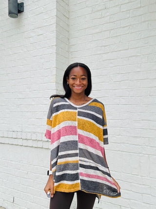 Multi Stripe V-Neck Top- Tops-Ace of Grace Women's Boutique