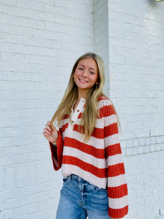 Striped Bell Sleeve Sweater- BEIGE,BLACK,black sweater,brown sweater,button up sweater,clothing,cream sweater,CROCHET SWEATER,knit sweater,leopard sweater,Rust,Sale,Stripe,STRIPED,STRIPED SWEATER,SWEATER,sweaters,Tops-Ace of Grace Women's Boutique