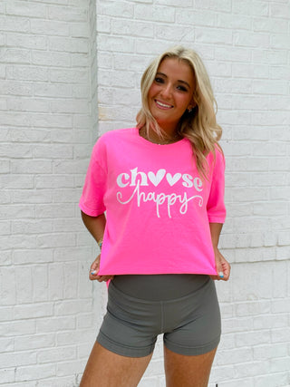 MADELYNN GRACE Choose Happy Tee- COLORFUL GRAPHIC TEE, Curvy, graphic, graphic T-shirt, GRAPHIC TEE, Graphic Tees, graphic tshirt, happy, HOT PINK GRAPHIC TEE, MadelynnGrace, plus size graphic tee, Tops-Ace of Grace Women's Boutique