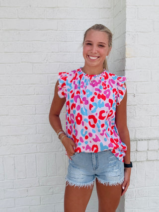 Cheetah Print Ruffle Sleeve Top- animal,ANIMAL PRINT,CHEETAH,COLORFUL,COLORFUL TOP,LEOPARD,RUFFLE,summer,Tops-Ace of Grace Women's Boutique