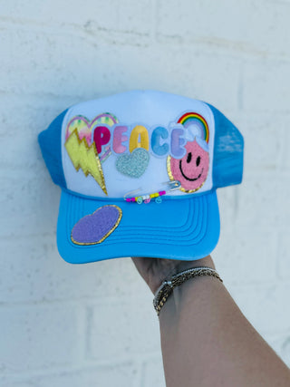 Light Blue Peace Trucker Hat- Accessories, accessory, BOLT, cap, hair accessory, HAIR CAP, hats, HEART, LIGHTNING BOLT, MadelynnGrace, peace, PEACE SIGN, RAINBOW, RAINBOWS, trucker hat, trucker hats-Ace of Grace Women's Boutique