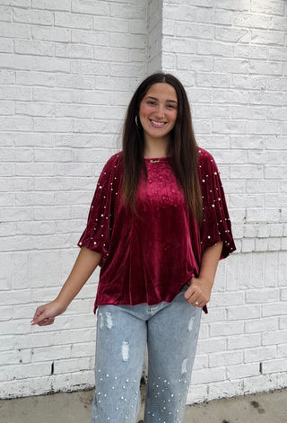 Berry Velvet Pearl Top- clothing,Curvy,Dressy,PEARL,pearl sweater,PEARLS,Sale,Seasonal,Tops,velvet,velvet top-Ace of Grace Women's Boutique