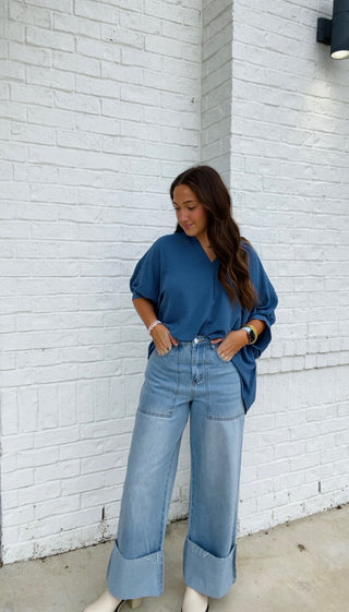 Blue V-neck Puff Sleeve Top- blue, blue top, clothing, Curvy, FALL, fall clothes, fall transition, loose fit, Perfect for work, PUFF, PUFF SLEEVE, puff sleeves, Tops, work, WORK SHIRT, WORK TOP-Ace of Grace Women's Boutique