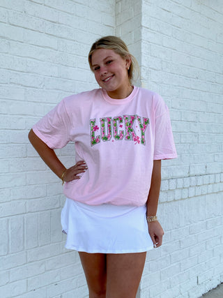 Pink Lucky Clover Tee- clover,COMFORT COLOR,Comfortable,COMFY,Curvy,FOUR LEAF CLOVER,GREEN,Green shirt,lucky,pink,Seasonal,Tops-Ace of Grace Women's Boutique