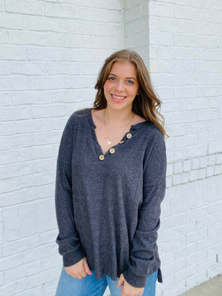 Charcoal Ribbed Button Henley Top- Curvy,FALL,fall clothes,fall transition,Henley,ribbed,Tops-Ace of Grace Women's Boutique