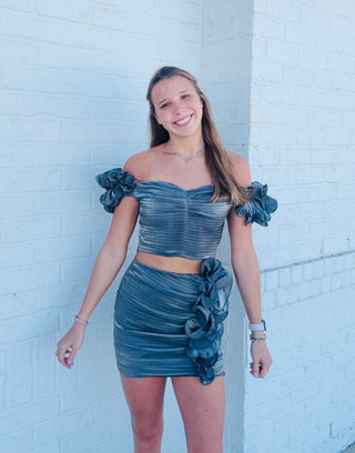 Gunmetal Iridescent Ruffle Tube Top- clothing,GRAY,GUNMETAL,MATCHING SET,Sale,Sets,Tops,TWO PIECE SET-Ace of Grace Women's Boutique