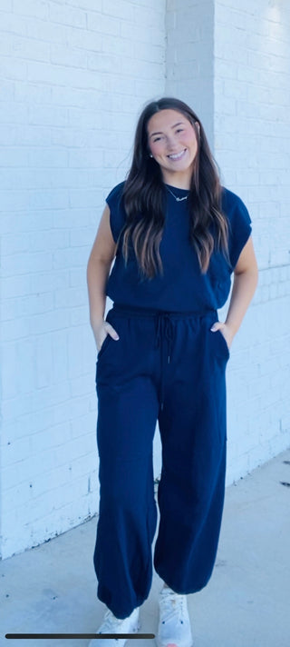 Athletic Jogger Jumpsuit- active romper,Athleisure,athlete,athletic,athletic one piece,athletic romper,clothing,dresses & rompers,JUMPSUIT,ROMPER,Tee romper-Navy-S-Ace of Grace Women's Boutique