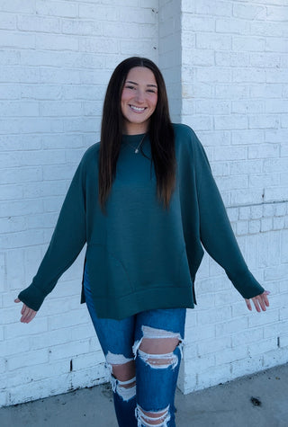 Extreme Soft Side Slit Pullover- clothing,COMFY,comfy sweatshirt,Curvy,fall clothes,Lulu,oversized sweatshirt,PLUS,plus size,PLUS SIZE HOODIE,plus size sweatshirt,PLUS SIZE TOP,plus sizes,plus sweatshirt,pullover,Softstream,Softstreme,sweatshirt,SWEATSHIRTS,Tops-Teal-S-Ace of Grace Women's Boutique