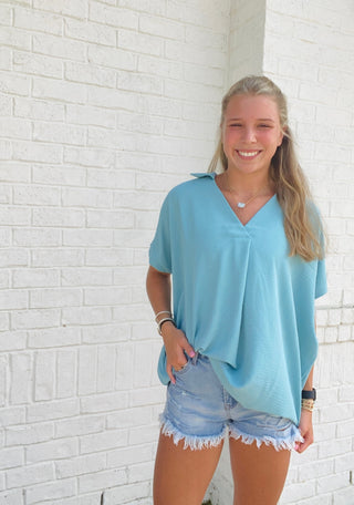 Collared V-Neck Top- COLORFUL,COLORFUL TOP,Curvy,Perfect for work,PLUS,plus size,PLUS SIZE TOP,plus sizes,summer,summer shirt,SUMMER TOP,summer work top,Tops,work,WORK SHIRT,WORK TOP,WOVEN,WOVEN TOP-S/M-Teal-Ace of Grace Women's Boutique